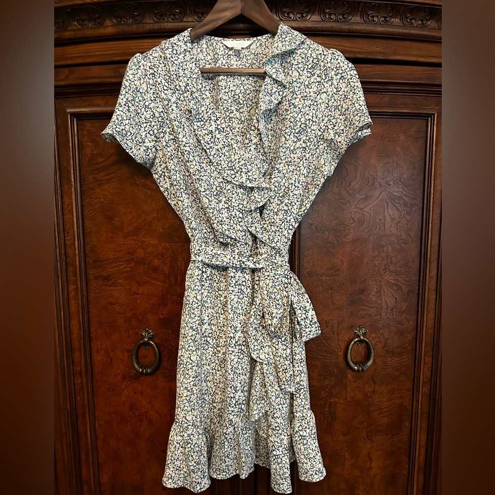 Lauren Conrad Dress Women’s Large faux wrap ruffle blue green teal #1012